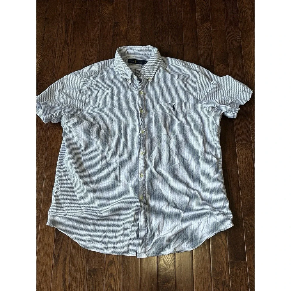 Mens Polo Ralph Lauren Dress Shirt XL Blue Button Cotton Short Sleeve Seersucker